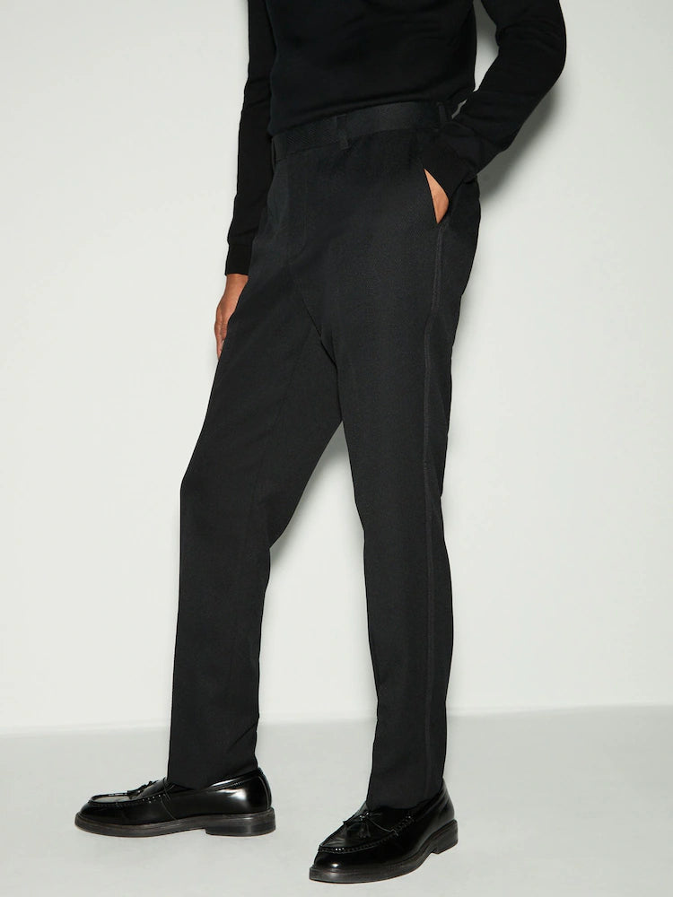 Black Slim Fit Tape Detail Textured Tuxedo Trousers