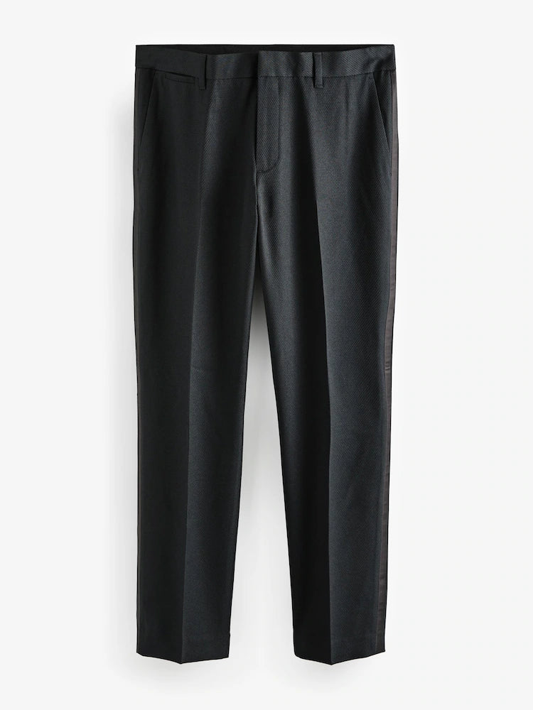 Black Slim Fit Tape Detail Textured Tuxedo Trousers